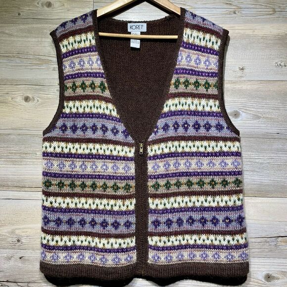 Vintage 90s Koret Fair Isle Sweater Vest Zip-Up Women’s Medium Mohair Blend - Picture 1 of 8